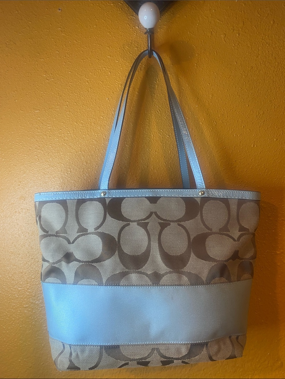 Coach Signature Tote with Light Blue Trim and Tan Canvas